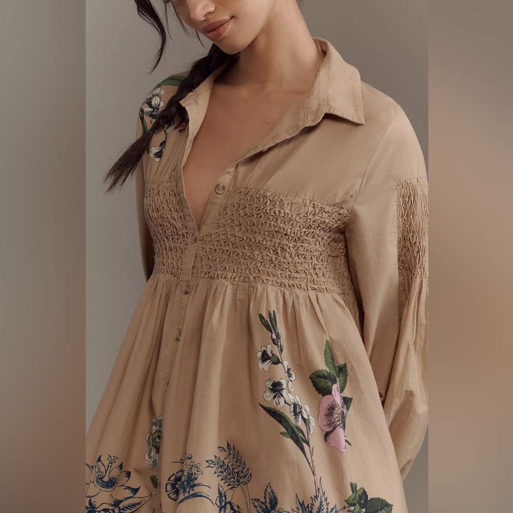 NWT! Anthropologie Maeve Smocked Long Sleeve Mini Shirt Dress - SMALL PETITE 🎢 - Picture 3 of 5